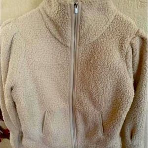 Express Cozy Vegan Leather Trim Sherpa Sweatshirt.